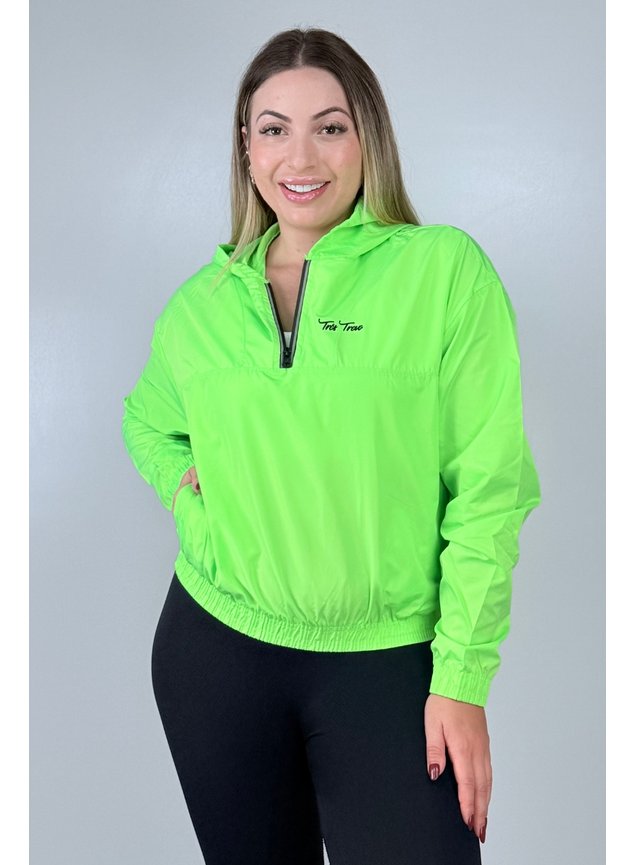Jaqueta Corta Vento Feminina Meio Zíper Verde Neon